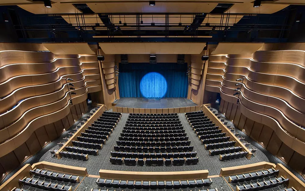 RPG bowed ceiling reflectors and curved wall reflectors in an auditorium