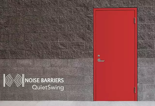 Noise Barriers QuietSwing Door painted red and installed in CMU block wall.