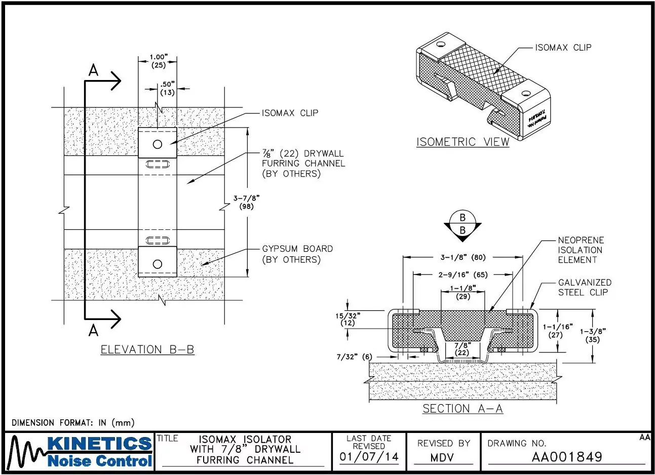 IsoMax schematic drawing with dimensions of furring channel depth and clip size.