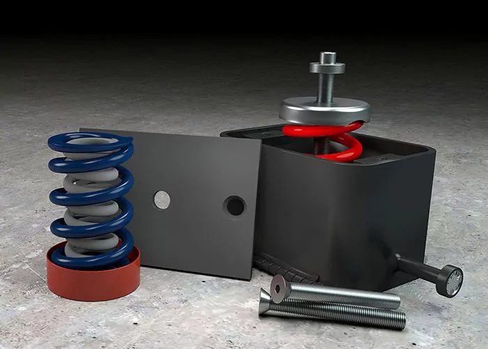 LSM spring isolated concrete lift slab housing with spring, lifting bolts, tube steel canister, and spring cap.