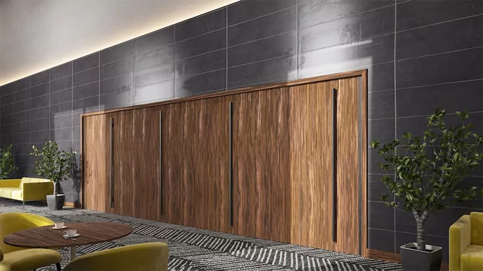 QuietPivot stc rated pivoting doors installed between auditorium and prefunction - doors closed