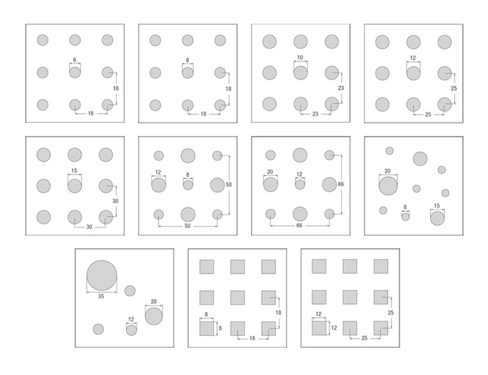 Examples of standard Vogl perforated acoustical drywall perforation patterns