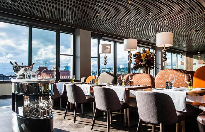 loop metal open cell ceiling at a high end restaurant