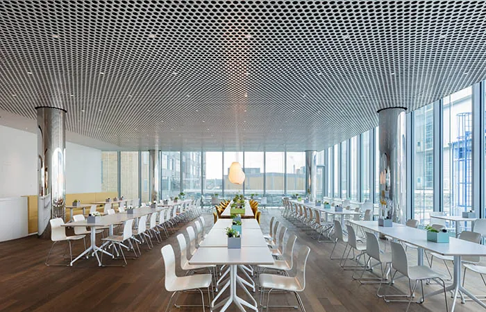 loop open cell metal ceiling in a dining banquet hall