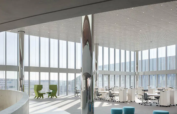 Loop open cell metal ceiling at a hotel dining hall