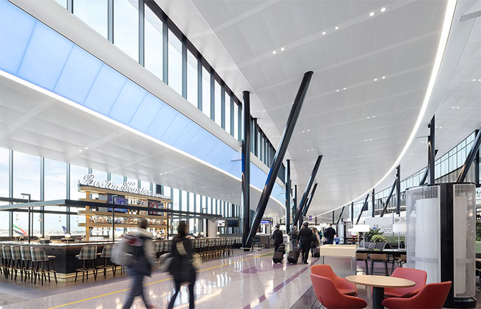 Perforated metal acoustical ceiling panels at Boston Logan airport