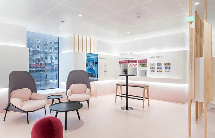 Large format white metal perforated acoustical ceiling panels in a high end retail space