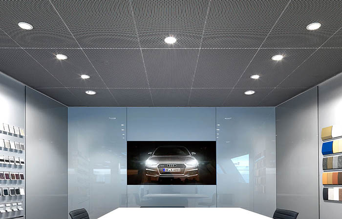 Expanded metal mesh ceiling in audi showroom.