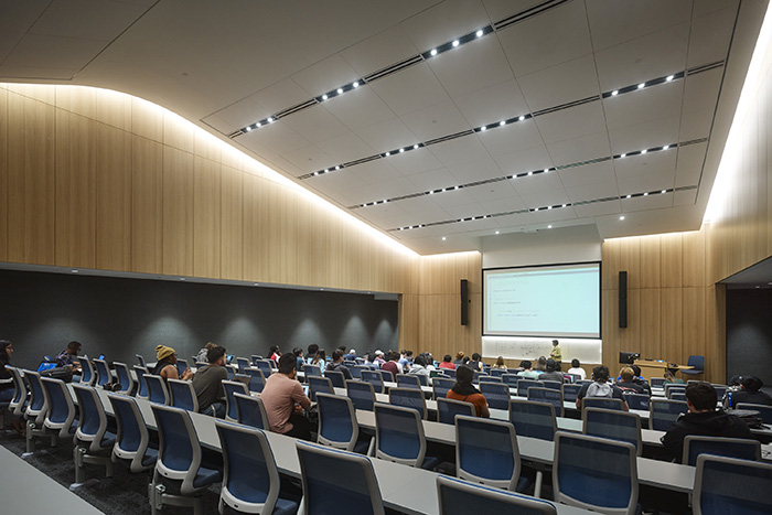 Aura Ceiling Panels by Sky Acoustics in a higher education lecture hall.