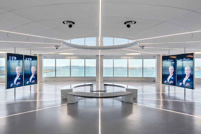 Aura large format smooth acoustical ceiling tiles in a museum lobby